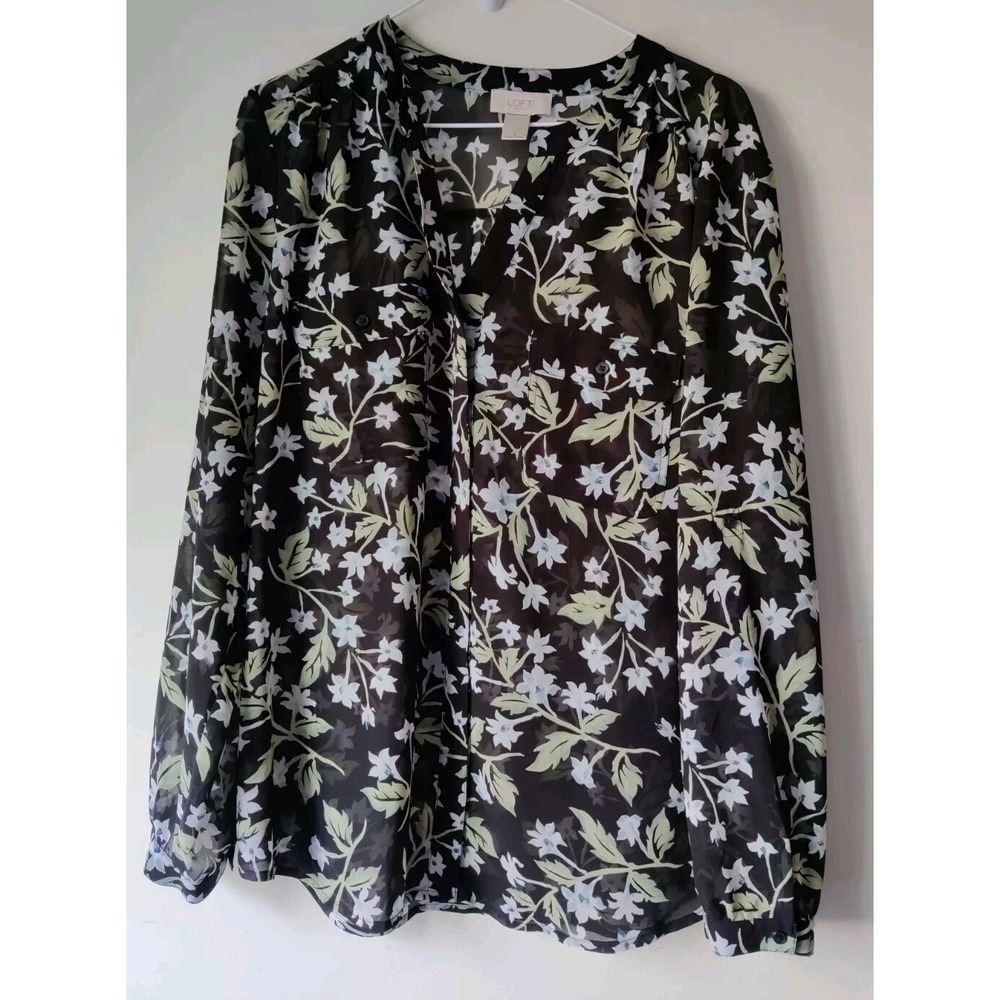 Loft Black Semi Sheer Long Sleeve Blouse‎ Black Floral Print V-Neck Size Large